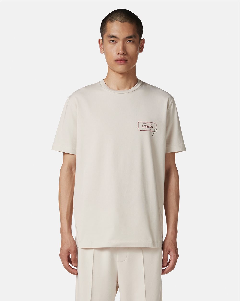 Slim-fit powder-colored sustainable stretch cotton T-shirt with Poppy print - ENRICHED POPPY | Iceberg - Official Website