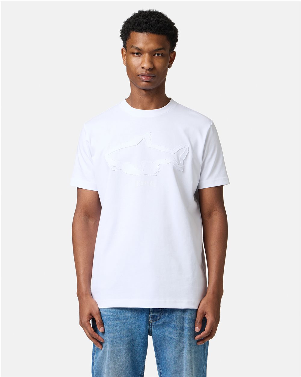 Slim-fit white cotton T-shirt with Shark detail and logo print - Clothing | Iceberg - Official Website