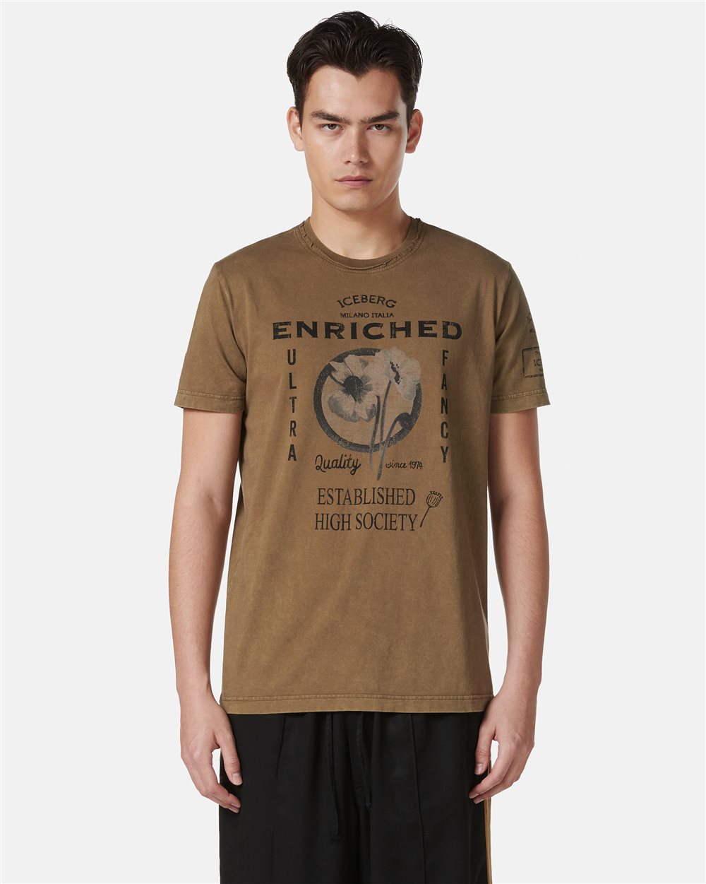 Mud-colored patterned regular-fit cotton jersey T-shirt - ENRICHED POPPY | Iceberg - Official Website