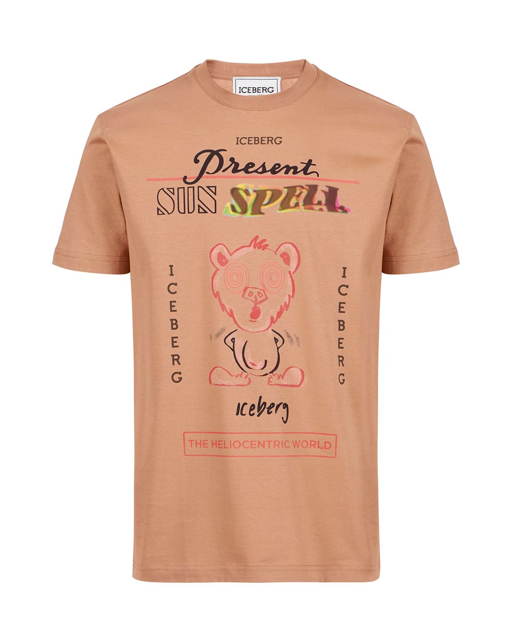 Regular fit coccio colored cotton T-shirt with maxi multicolor Bear print - ORSO | Iceberg - Official Website