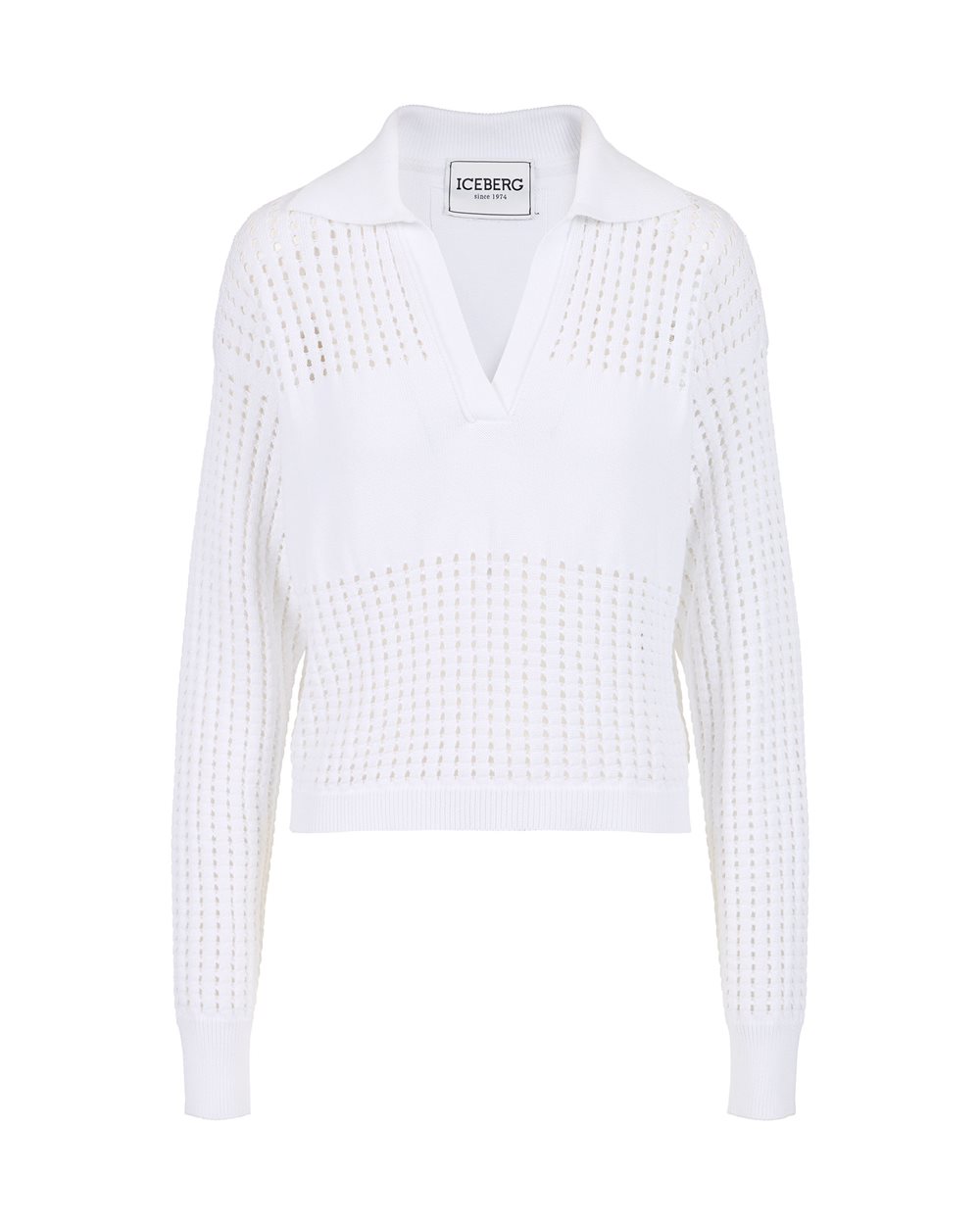 Polo bianca in cotone con righe traforate e logo Iceberg | Iceberg - Official Website