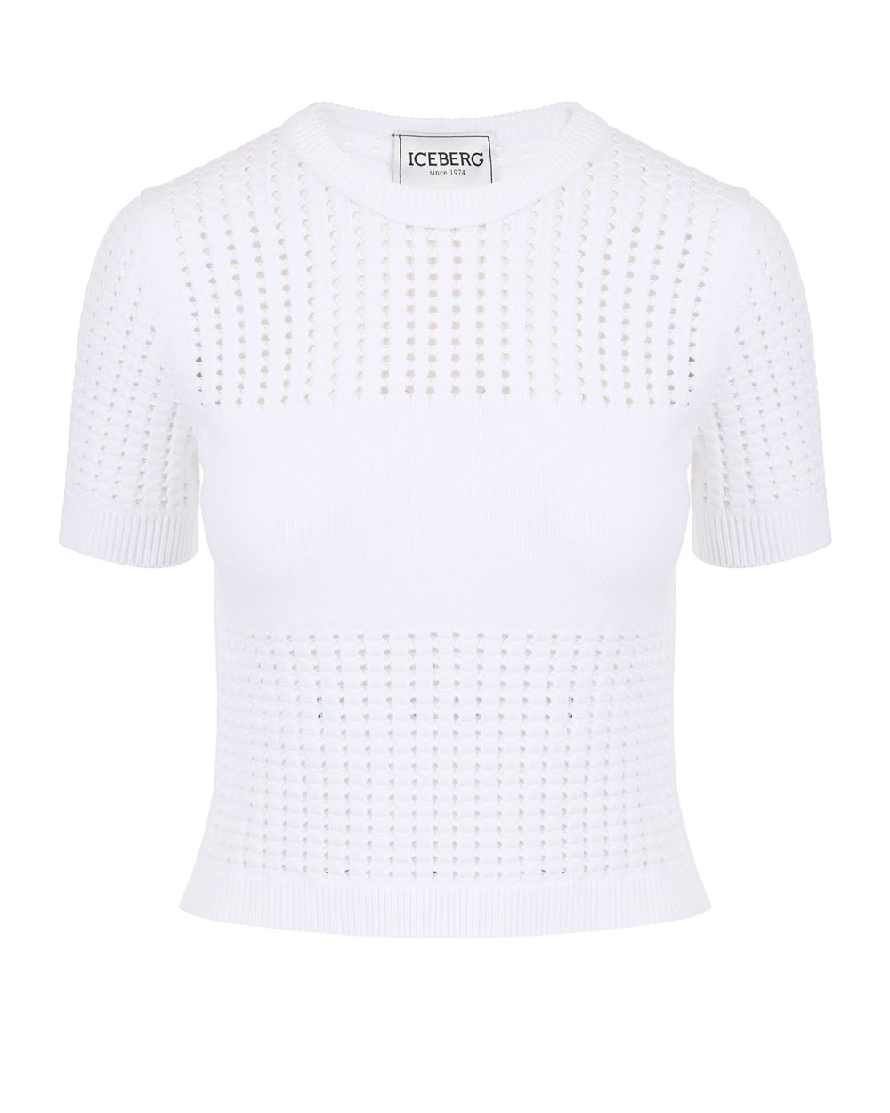 White half-sleeve sweater in stretch cotton with perforated stripes and Iceberg logo | Iceberg - Official Website