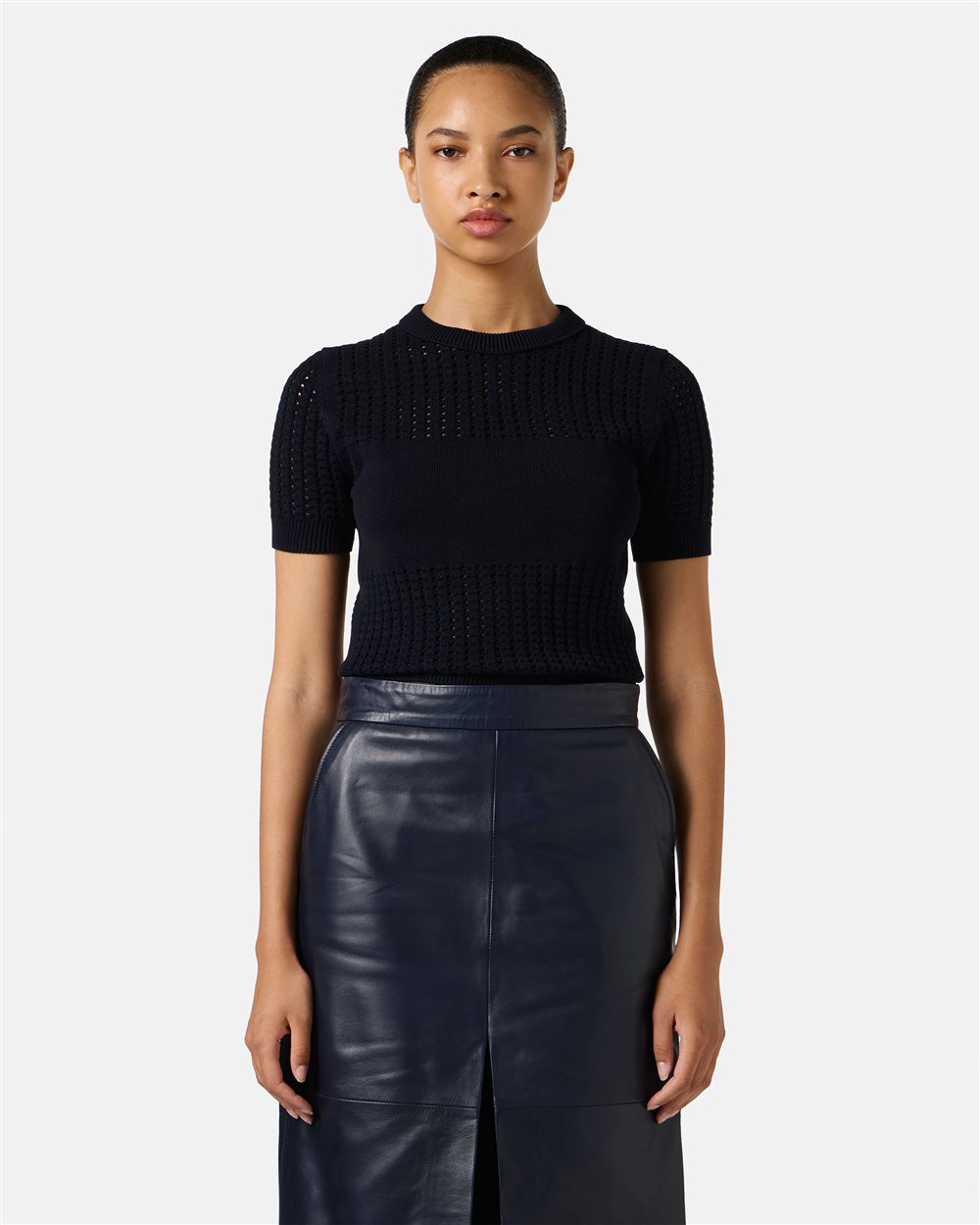 Blue half-sleeve sweater in stretch cotton with perforated stripes and Iceberg logo | Iceberg - Official Website