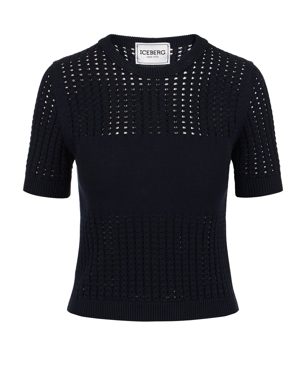 Blue half-sleeve sweater in stretch cotton with perforated stripes and Iceberg logo | Iceberg - Official Website