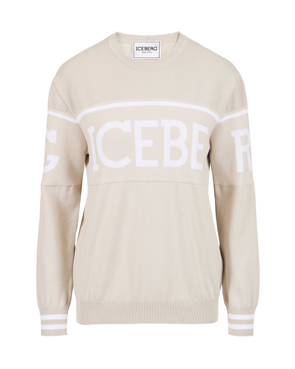 Ice-colored carry-over crewneck in cotton with jacquard logo stripe | Iceberg - Official Website