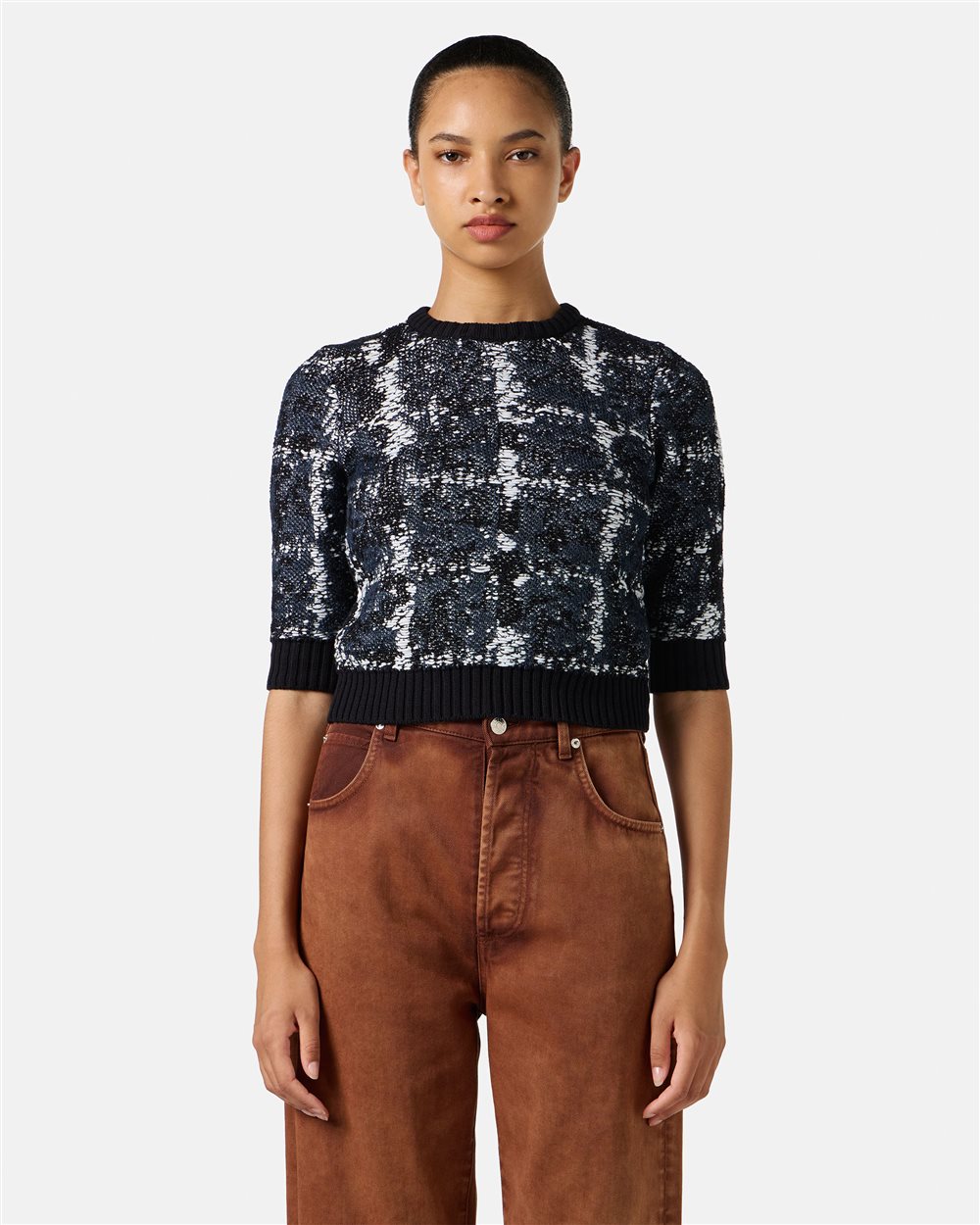 Small multicolor crew neck with half sleeves in cotton and linen blend with logo | Iceberg - Official Website
