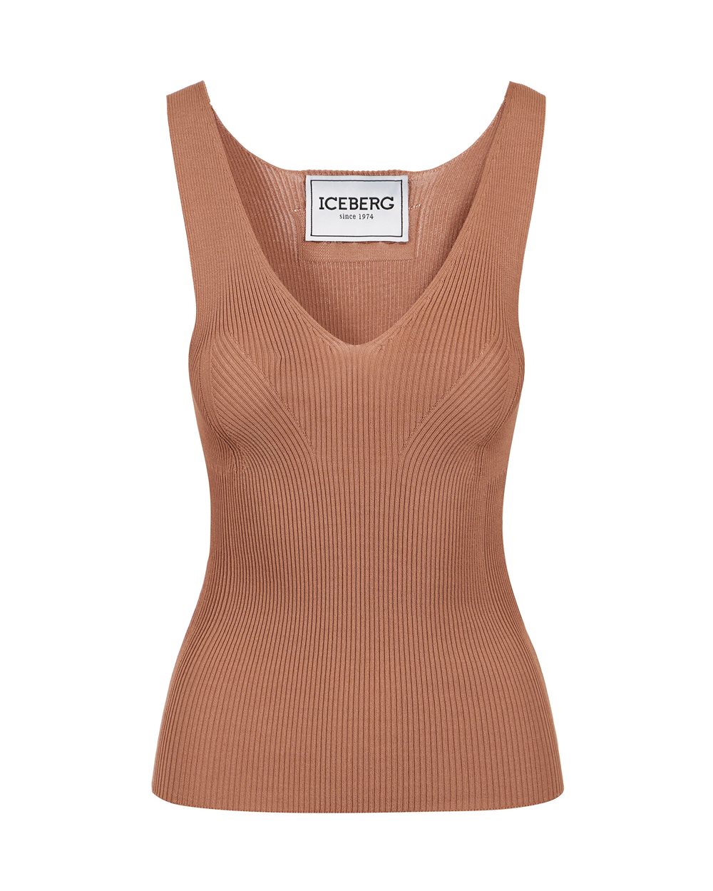 Coccio-colored tank top with dropped ribs in stretch viscose - NEWSPAPER PRINT | Iceberg - Official Website
