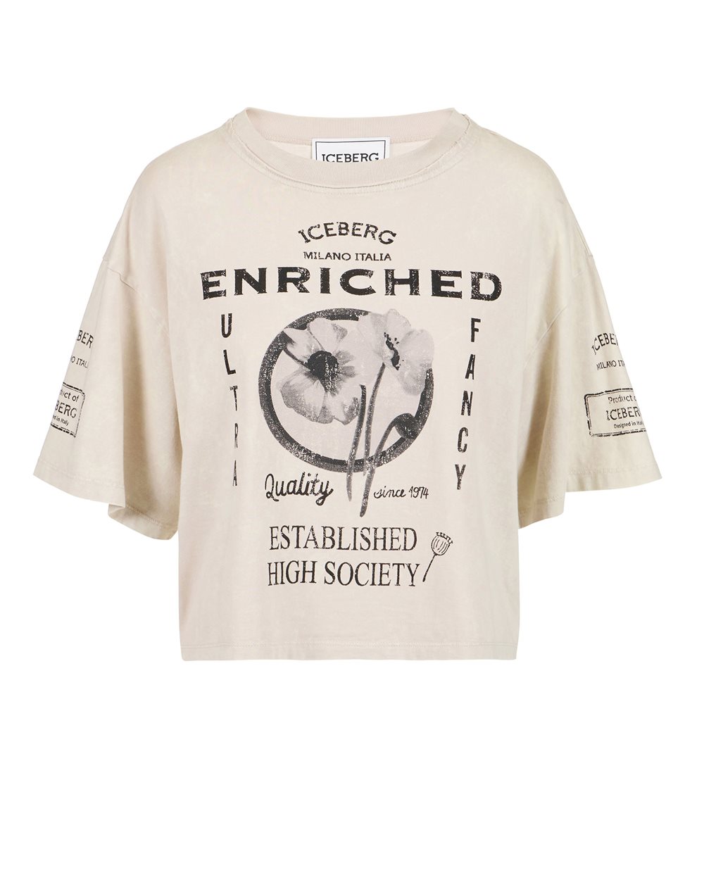 T-Shirt im Cropped Fit mit Muster in Ecru und Schwarz aus stückgefärbtem Jersey - T-Shirts und Polohemden | Iceberg - Official Website