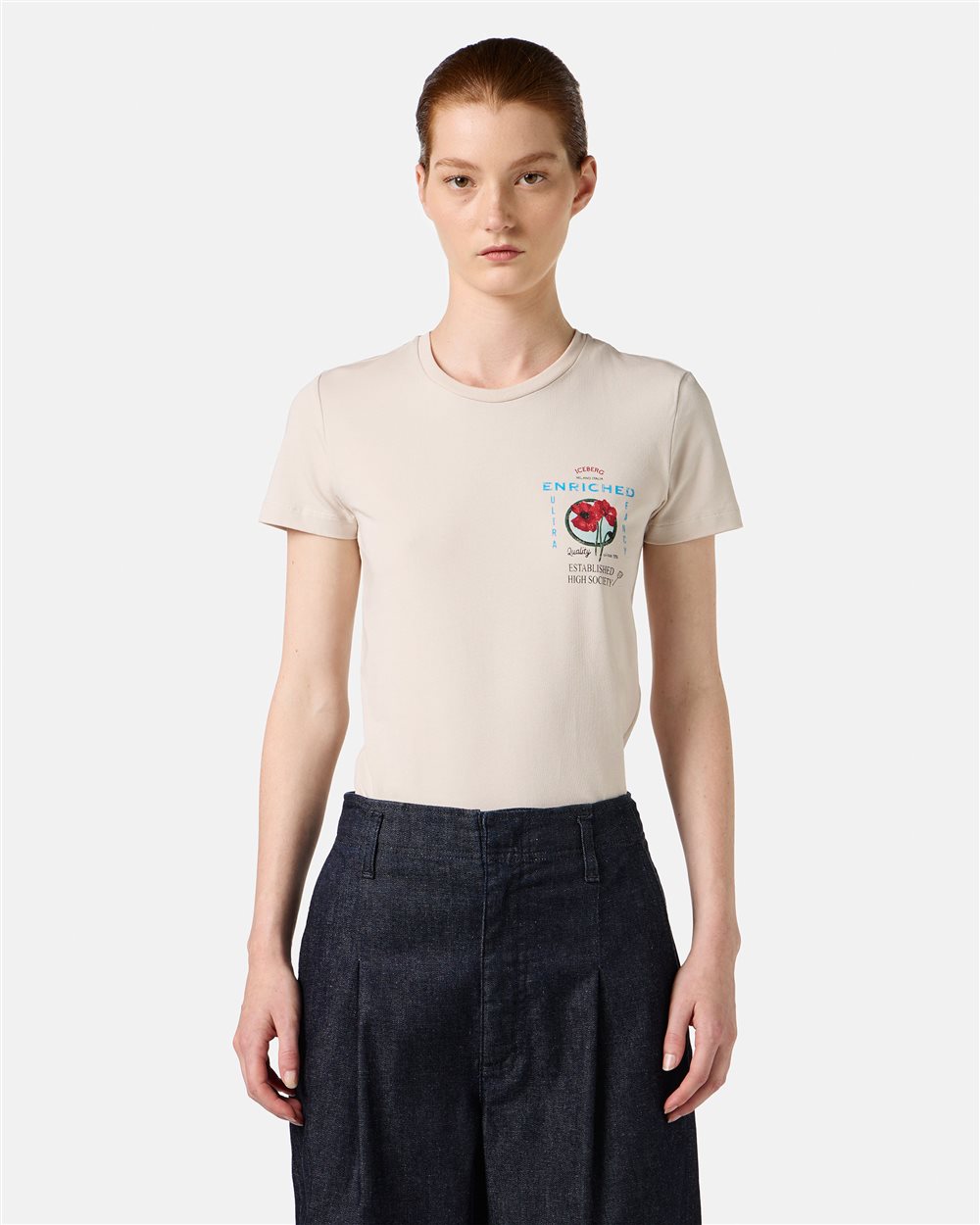 Muster-T-Shirt mit beigem Hintergrund aus nachhaltiger Baumwolle. - Kleidung | Iceberg - Official Website