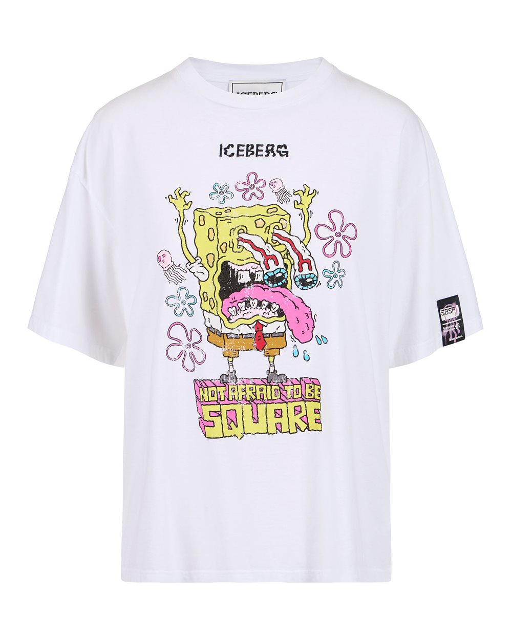 T-shirt bianca in cotone con mix di stampe e patch di Spongebob - T-shirts & tops | Iceberg - Official Website