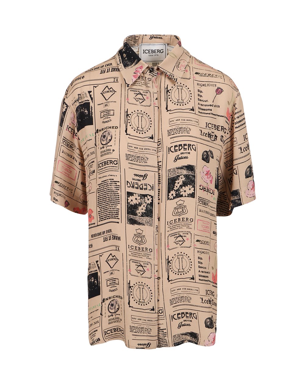 Regular fit short-sleeved shirt in RCS certified double viscose georgette - NEWSPAPER PRINT | Iceberg - Official Website