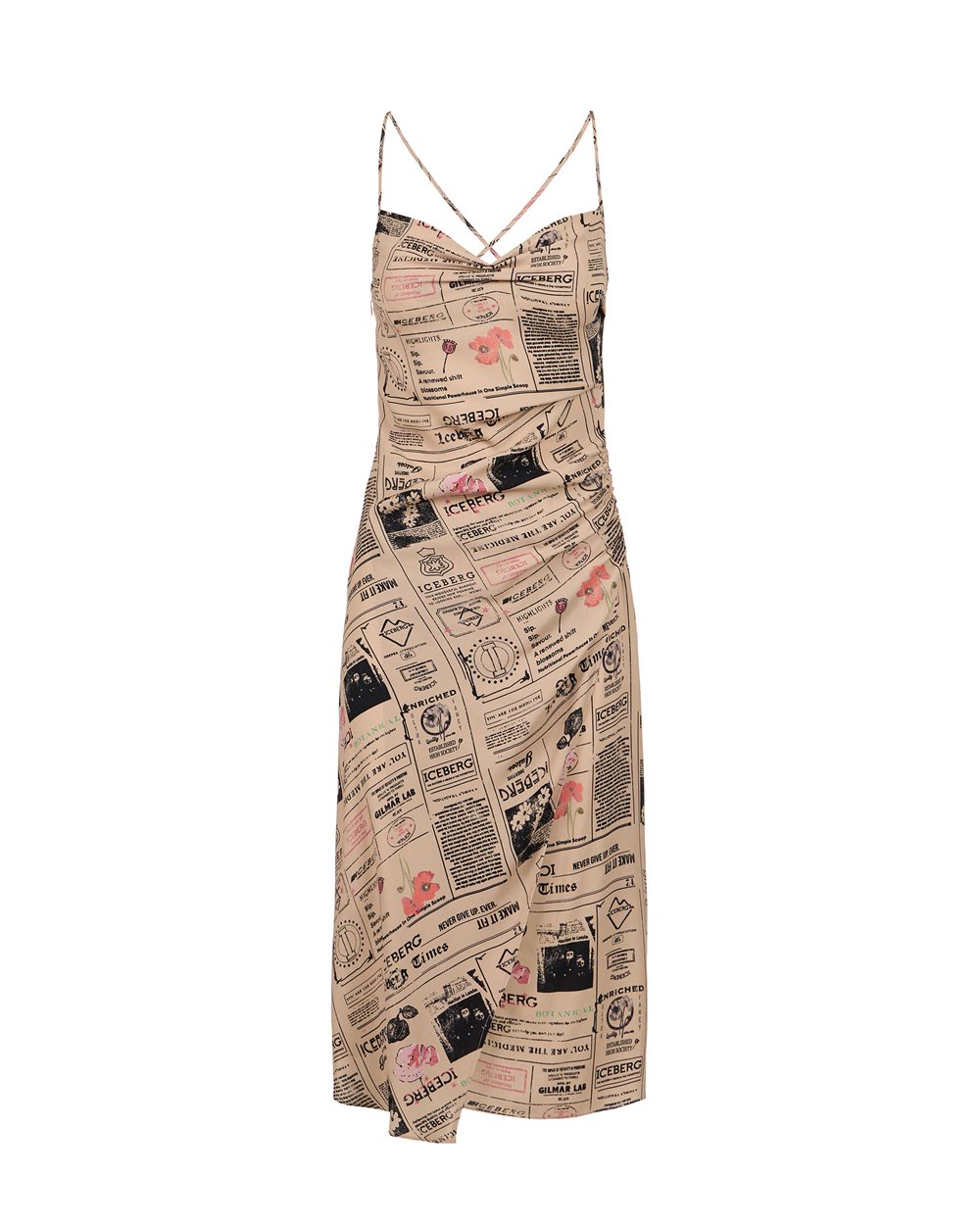 Midi dress with straps in double georgette viscose certified RCS - NEWSPAPER PRINT | Iceberg - Official Website