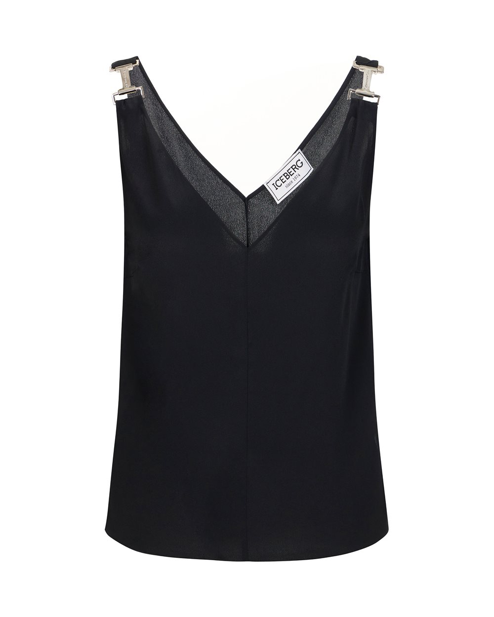 Black crepe de chine top with signature details | Iceberg - Official Website