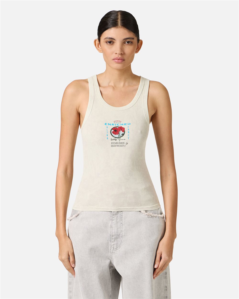 Stückgefärbtes geripptes Top mit Random-Waschung und Poppy-Print - T-Shirts und Polohemden | Iceberg - Official Website