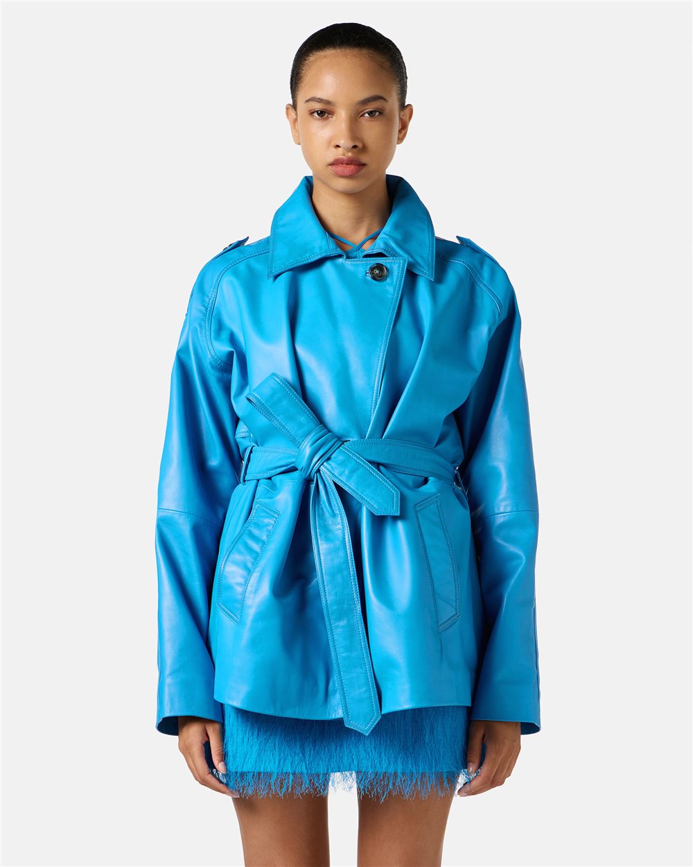 Short cobalt leather coat with Iceberg Milano Italia logo | Iceberg - Official Website