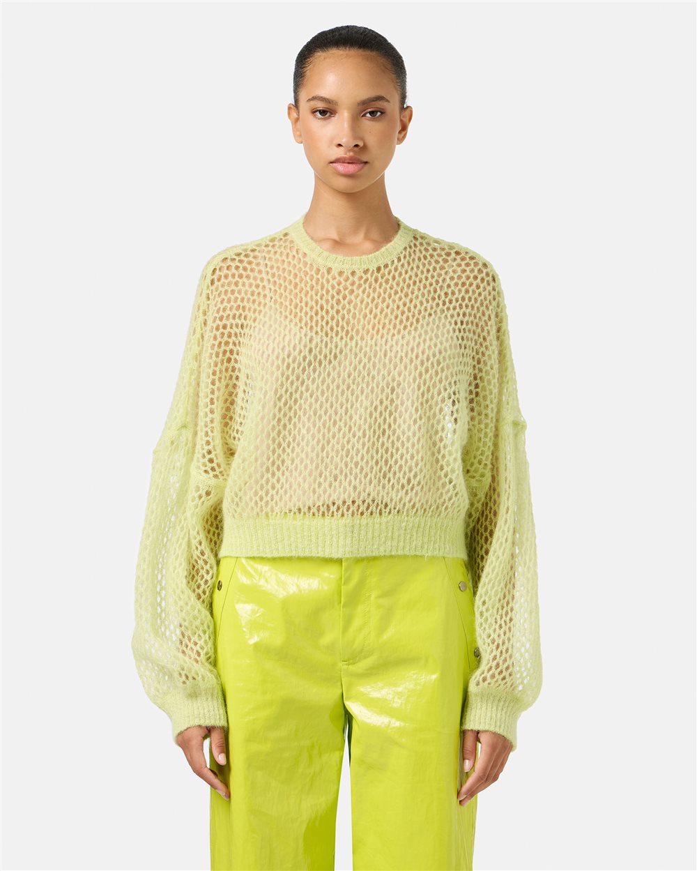 Soft and lightweight crewneck in openwork mohair in lime yellow - Knitwear | Iceberg - Official Website