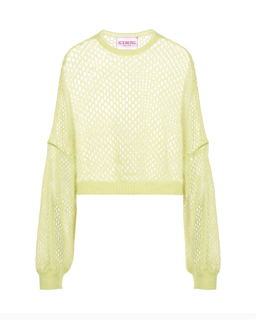 Soft and lightweight crewneck in openwork mohair in lime yellow - Knitwear | Iceberg - Official Website