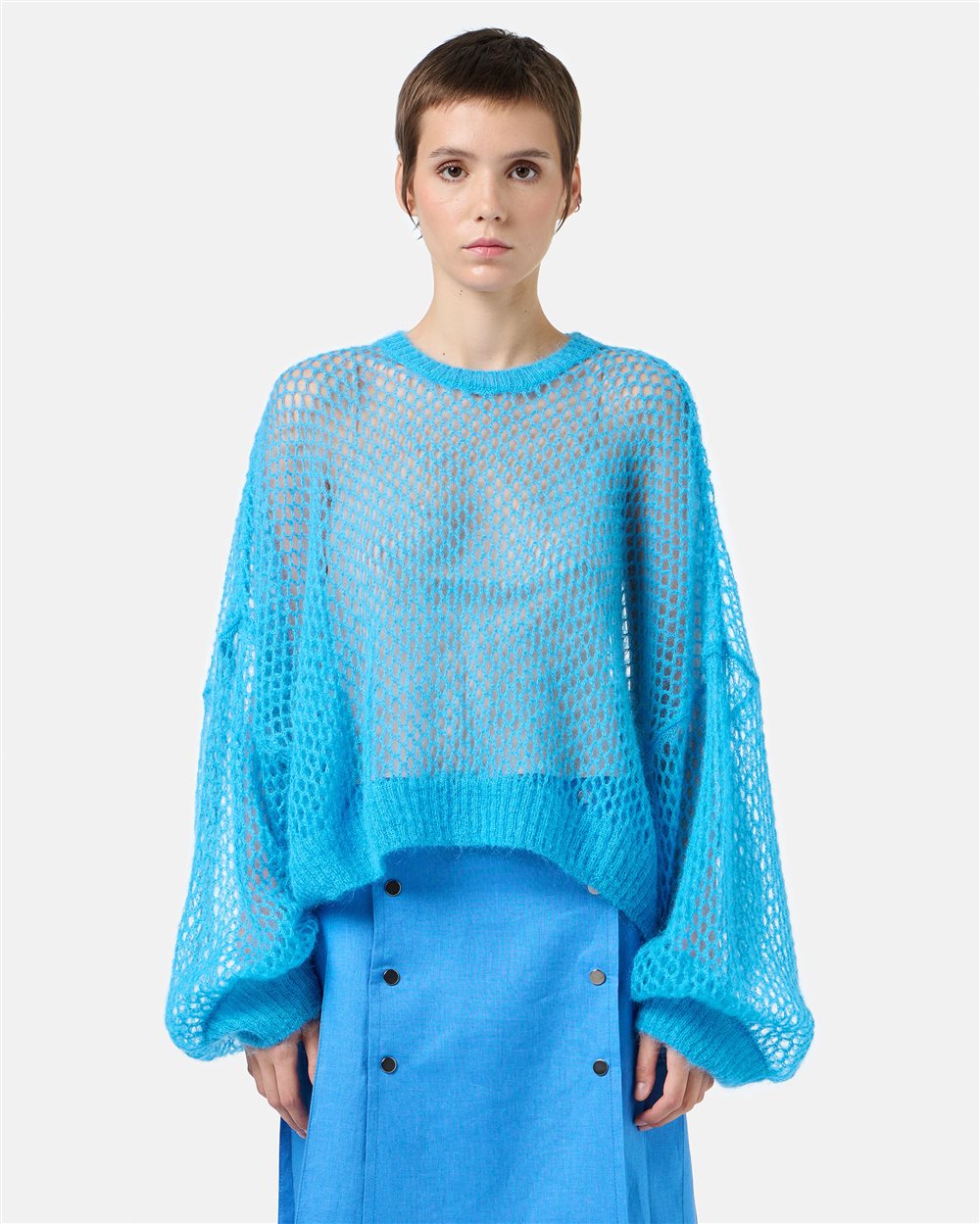 Soft and lightweight crewneck in openwork mohair in cobalt - Fashion Show Woman | Iceberg - Official Website