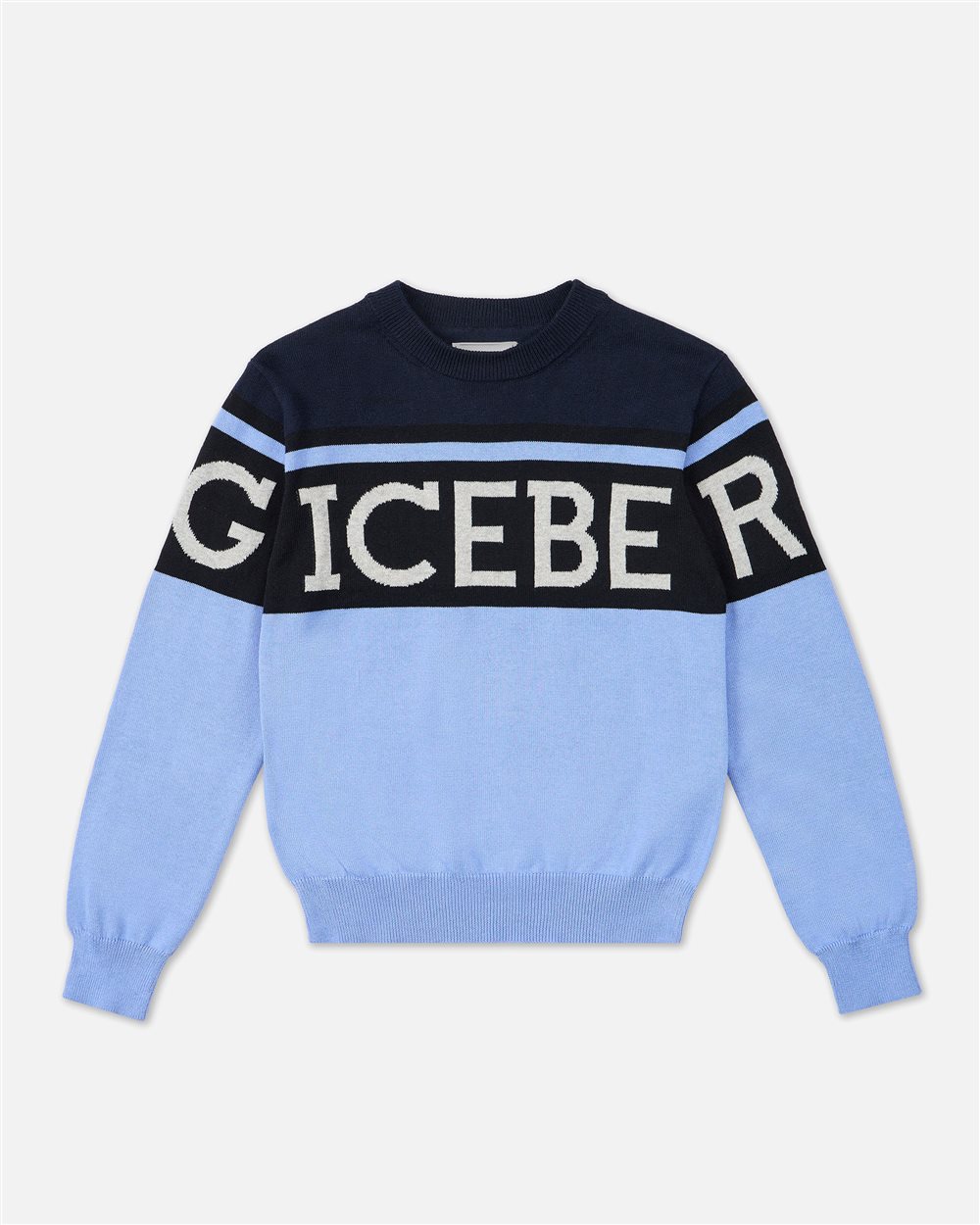 Blue and light blue crewneck sweater with Iceberg logo stripe | Iceberg - Official Website