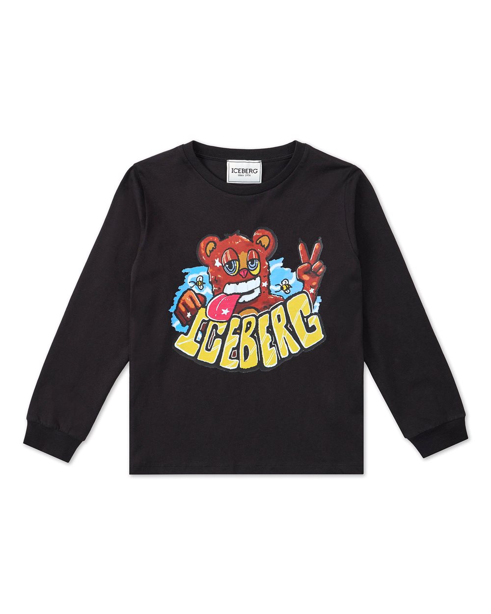 Black long-sleeved T-shirt with Iceberg logo and cartoon designs - Kids | Iceberg - Official Website