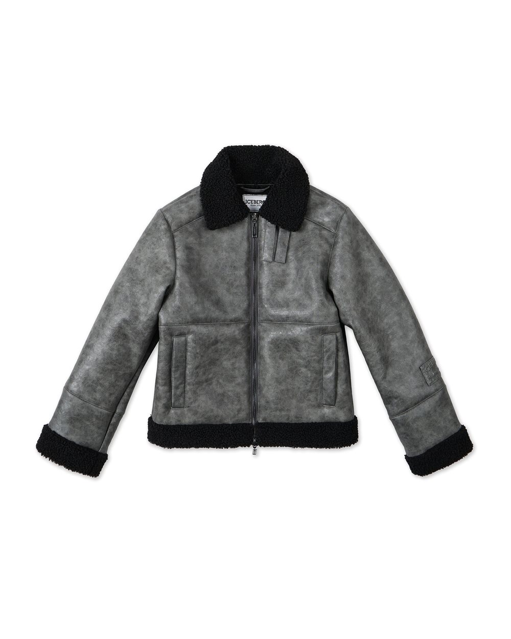 Charcoal gray jacket with faux sheepskin collar and cuffs - Kids | Iceberg - Official Website