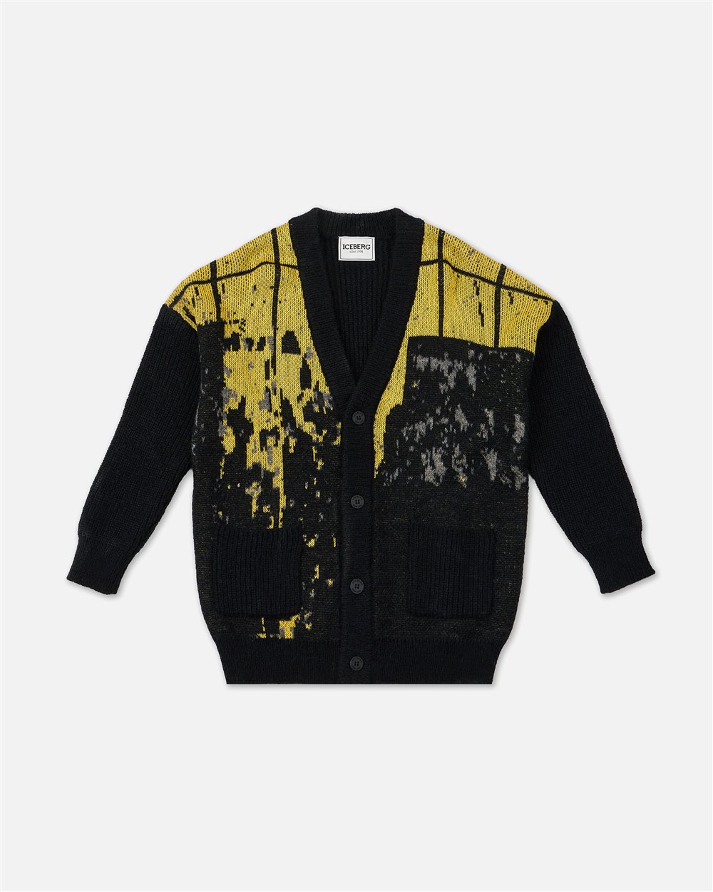 Black wool cardigan with yellow and white patterned details | Iceberg - Official Website