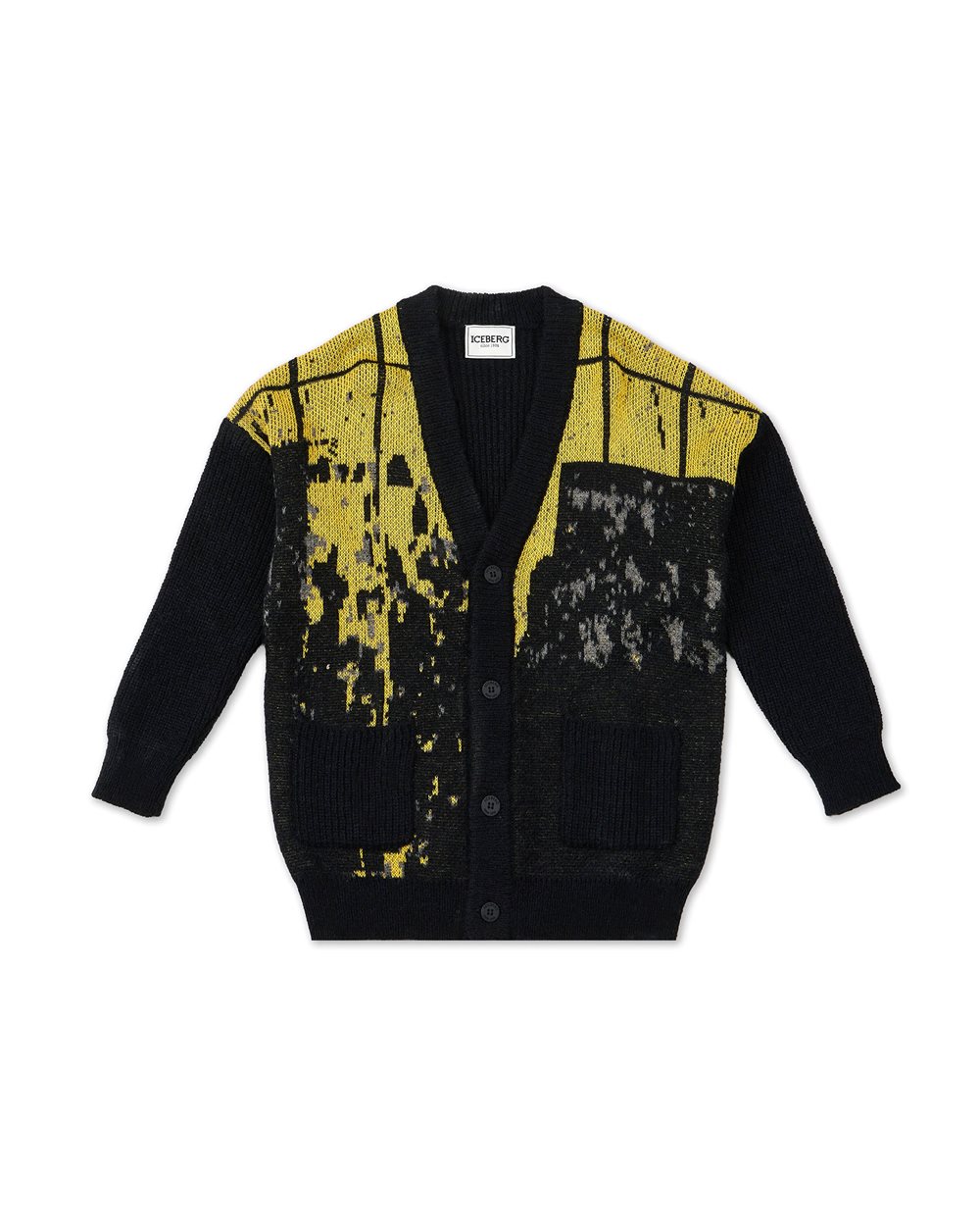 Black wool cardigan with yellow and white patterned details | Iceberg - Official Website