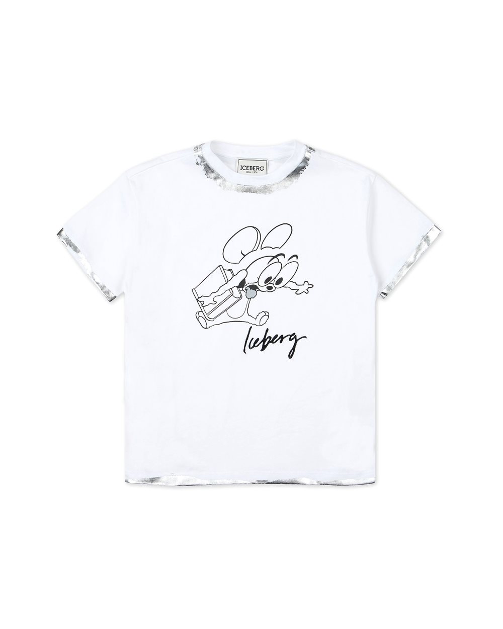 White short-sleeved T-shirt with a stylized Looney Tunes Jerry and Iceberg logo on the front and edg - Kids | Iceberg - Official Website