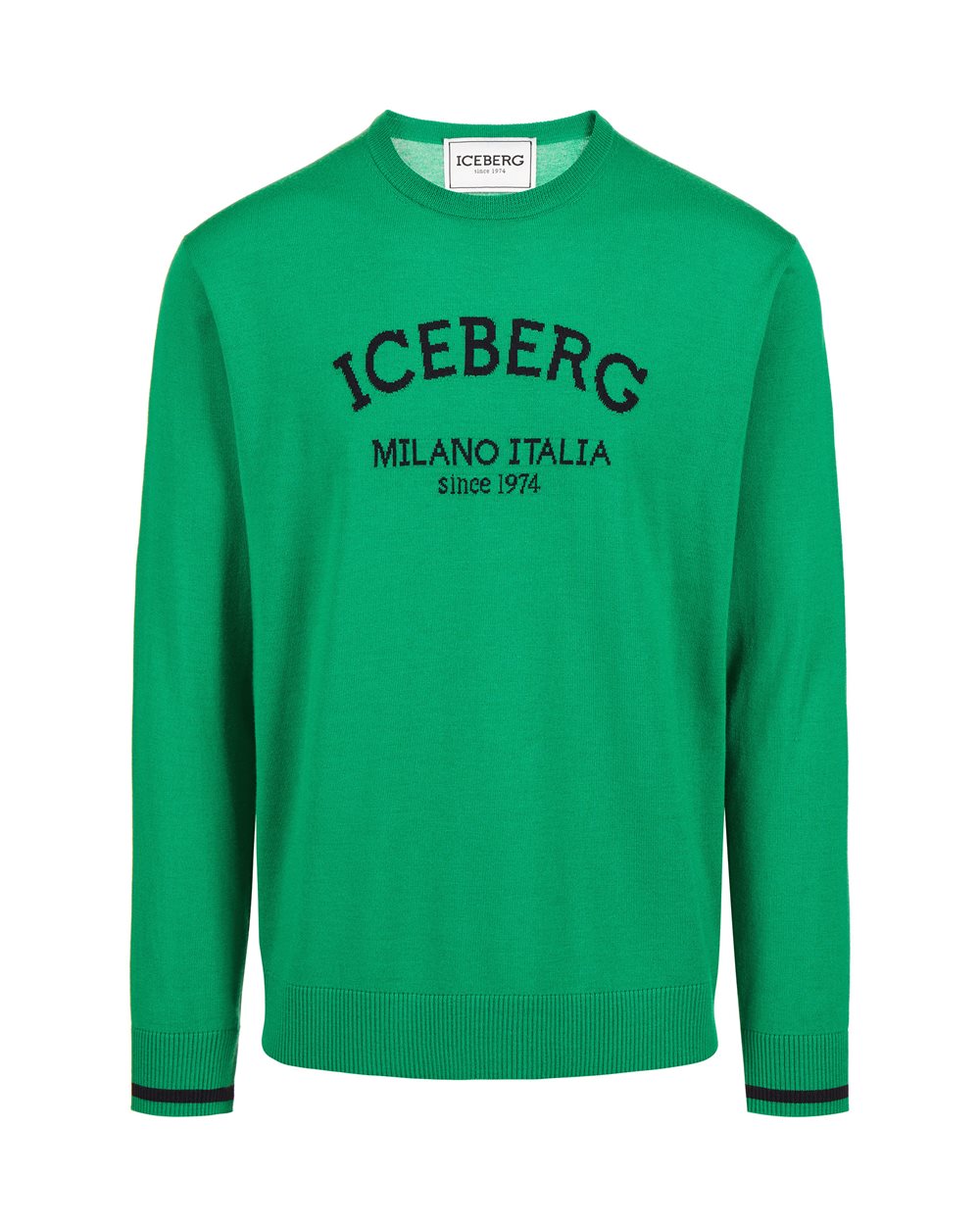 Emerald green crewneck sweater in extra-fine merino with Iceberg Milano Italia logo - Clothing | Iceberg - Official Website