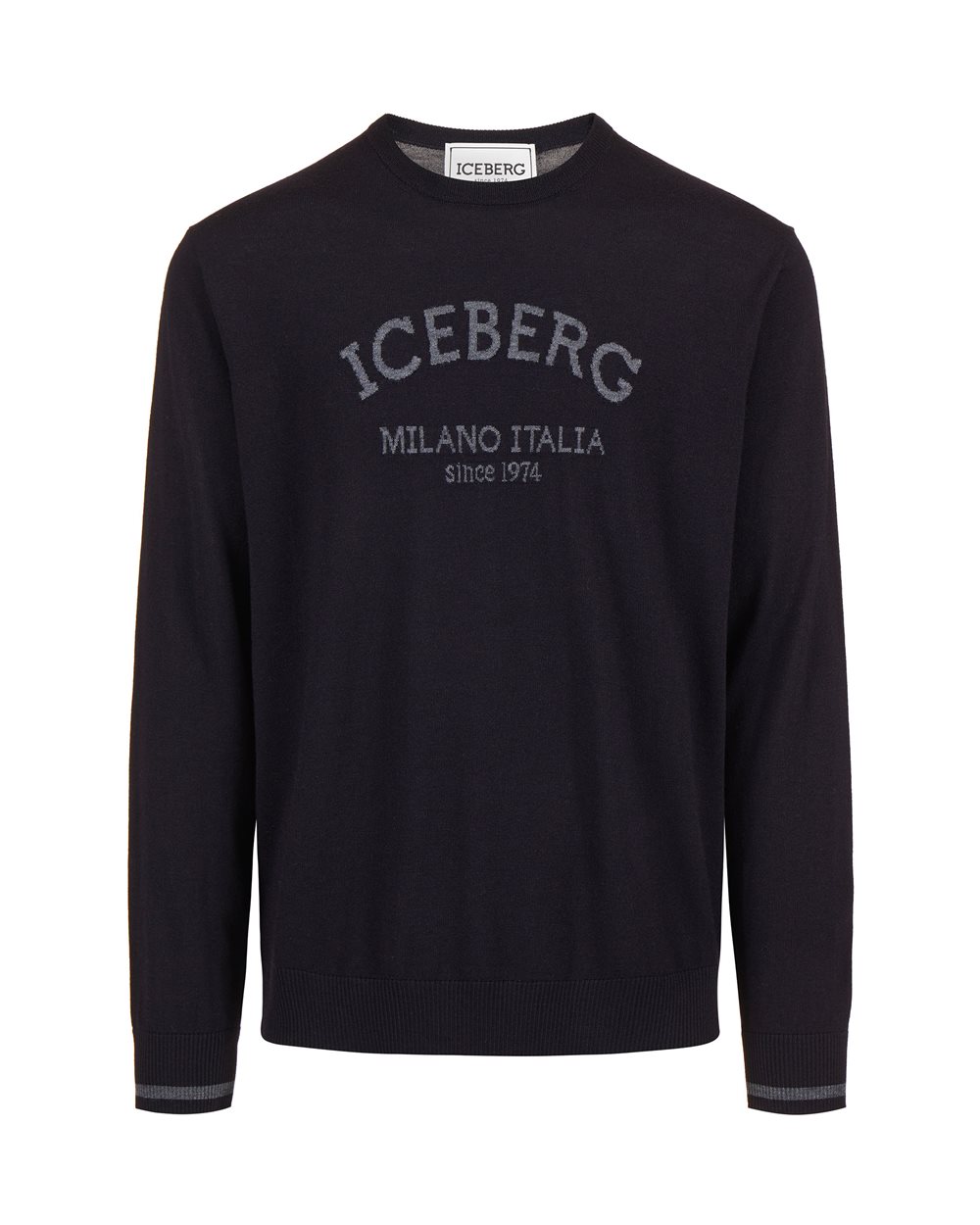 Classic blue crewneck sweater in extra-fine merino with Iceberg Milano Italia logo - Clothing | Iceberg - Official Website