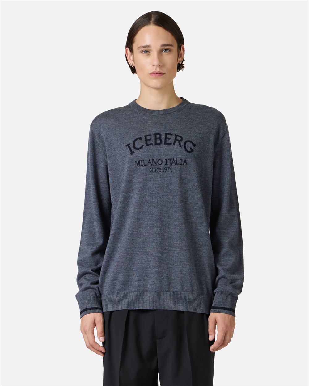 Dark grey melange crewneck sweater in extrafine merino with Iceberg Milano Italia logo | Iceberg - Official Website