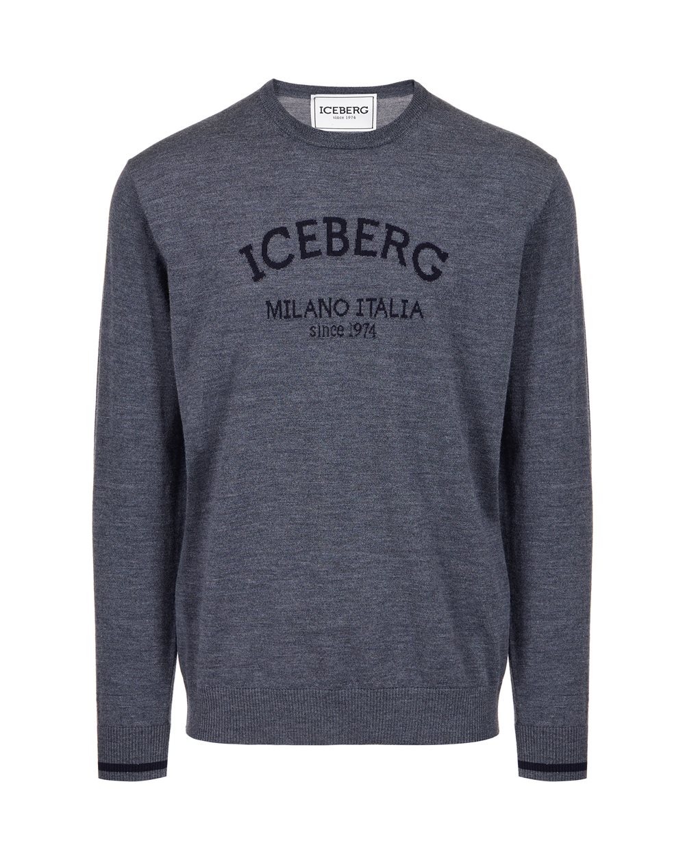 Dark grey melange crewneck sweater in extrafine merino with Iceberg Milano Italia logo | Iceberg - Official Website