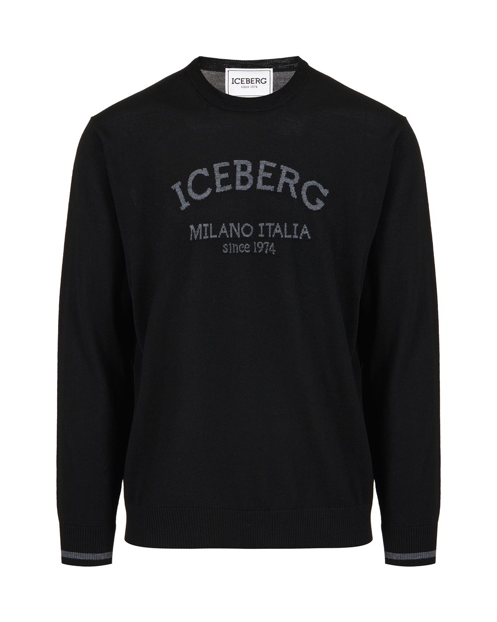 Black crewneck sweater in extra-fine merino with Iceberg Milano Italia logo | Iceberg - Official Website