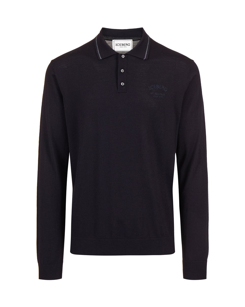 Klassisch blaues Poloshirt aus extrafeiner Merinowolle mit personalisierter Stickerei - Strickmode | Iceberg - Official Website