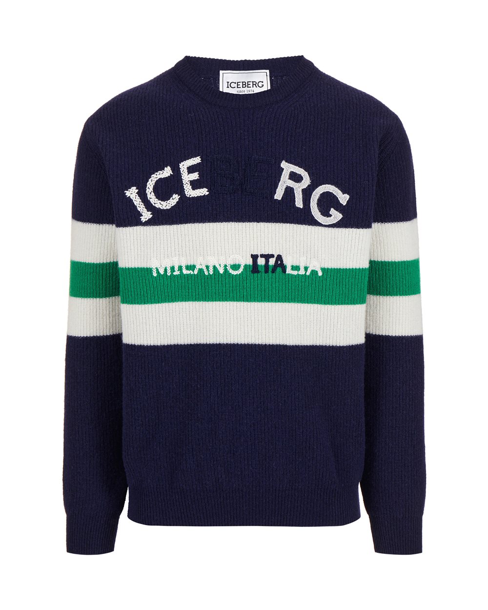 Mehrfarbiger Rundhalspullover aus Lammwolle mit Maisspindelmuster - Strickmode | Iceberg - Official Website
