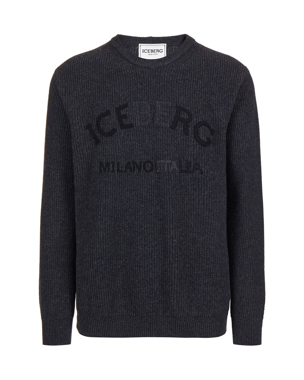 Grau melierter Rundhalspullover aus Lammwolle mit Maisspindelmuster - Strickmode | Iceberg - Official Website