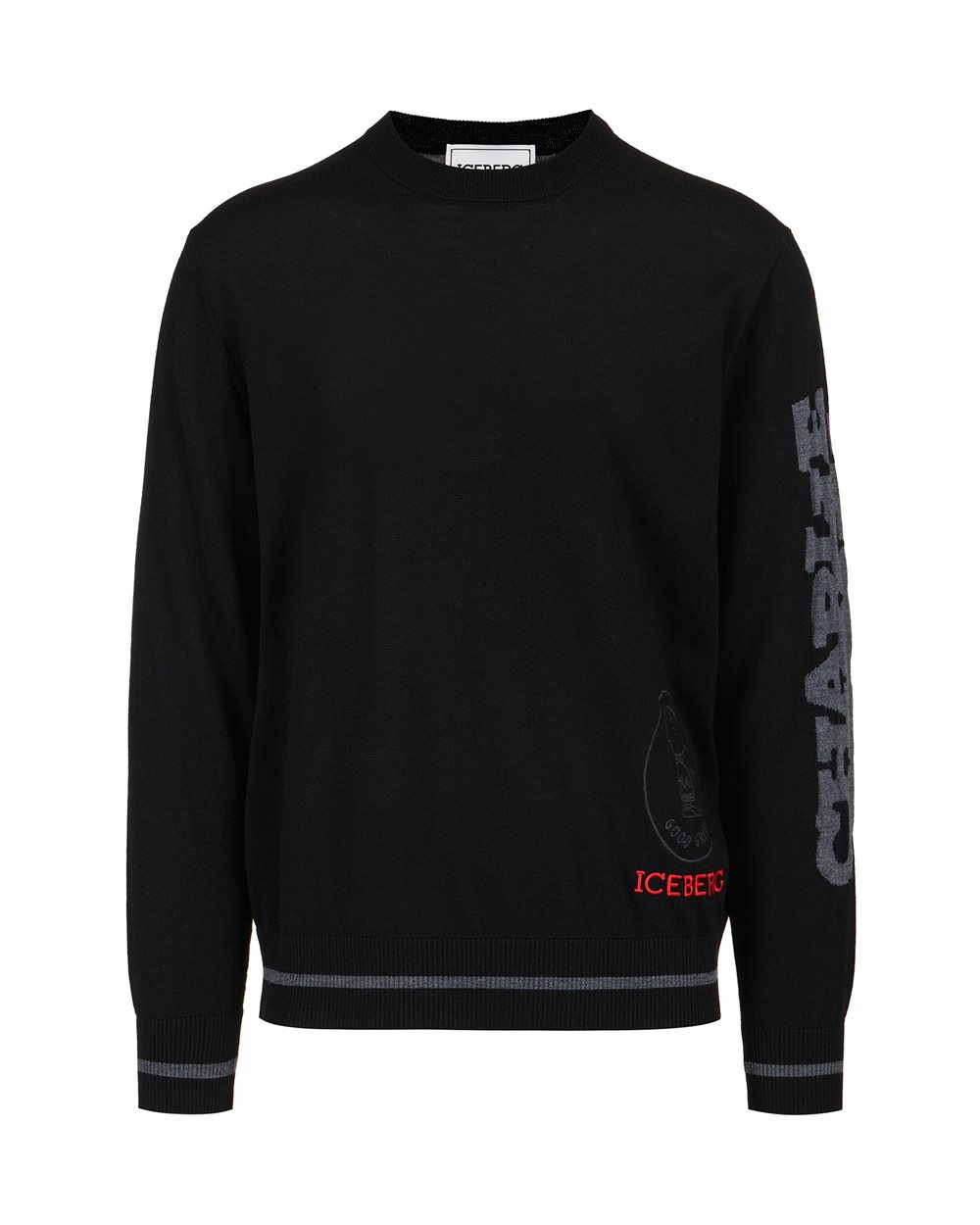 Crewneck sweater new regular fit in black extrafine merino - Iceberg Cartoon | Iceberg - Official Website