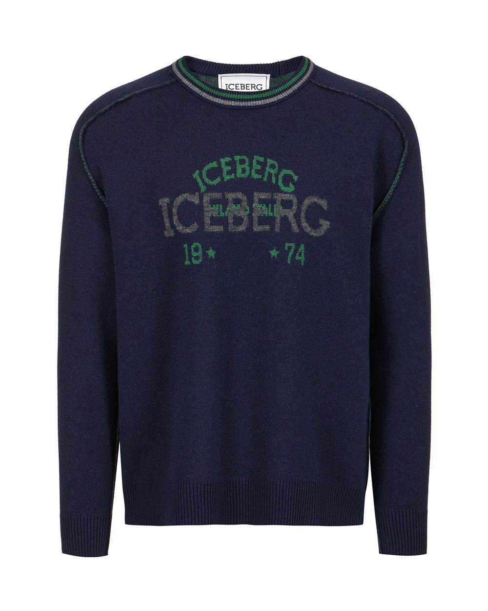 Klassisch blauer Rundhalspullover in neuer normaler Passform aus extrafeiner Merinowolle - Strickmode | Iceberg - Official Website