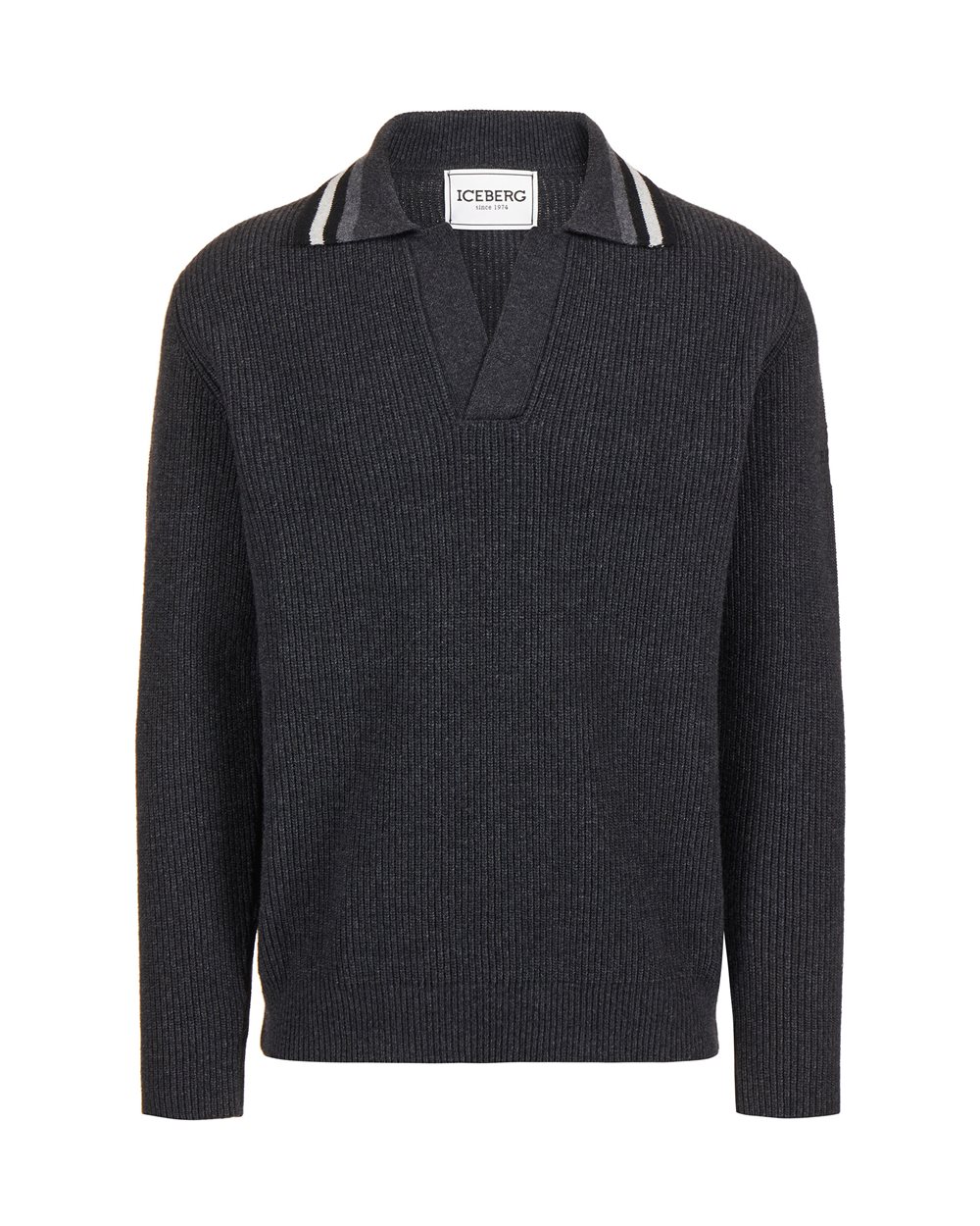 Grau meliertes Poloshirt aus Wolle und Nylon mit gestreiftem Kragen - Strickmode | Iceberg - Official Website