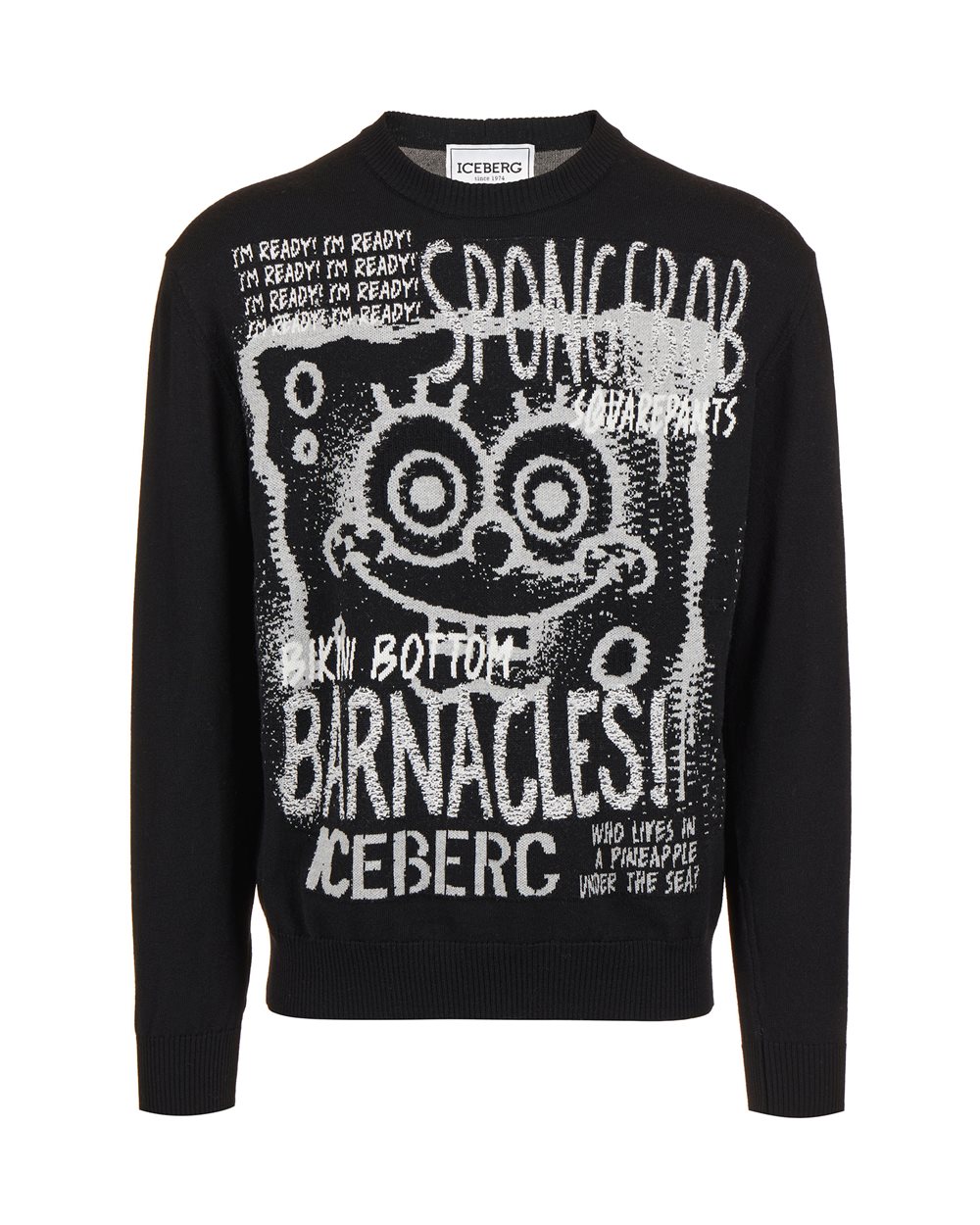 Black crewneck sweater in extrafine merino wool with cartoon inlay - per abilitare | Iceberg - Official Website