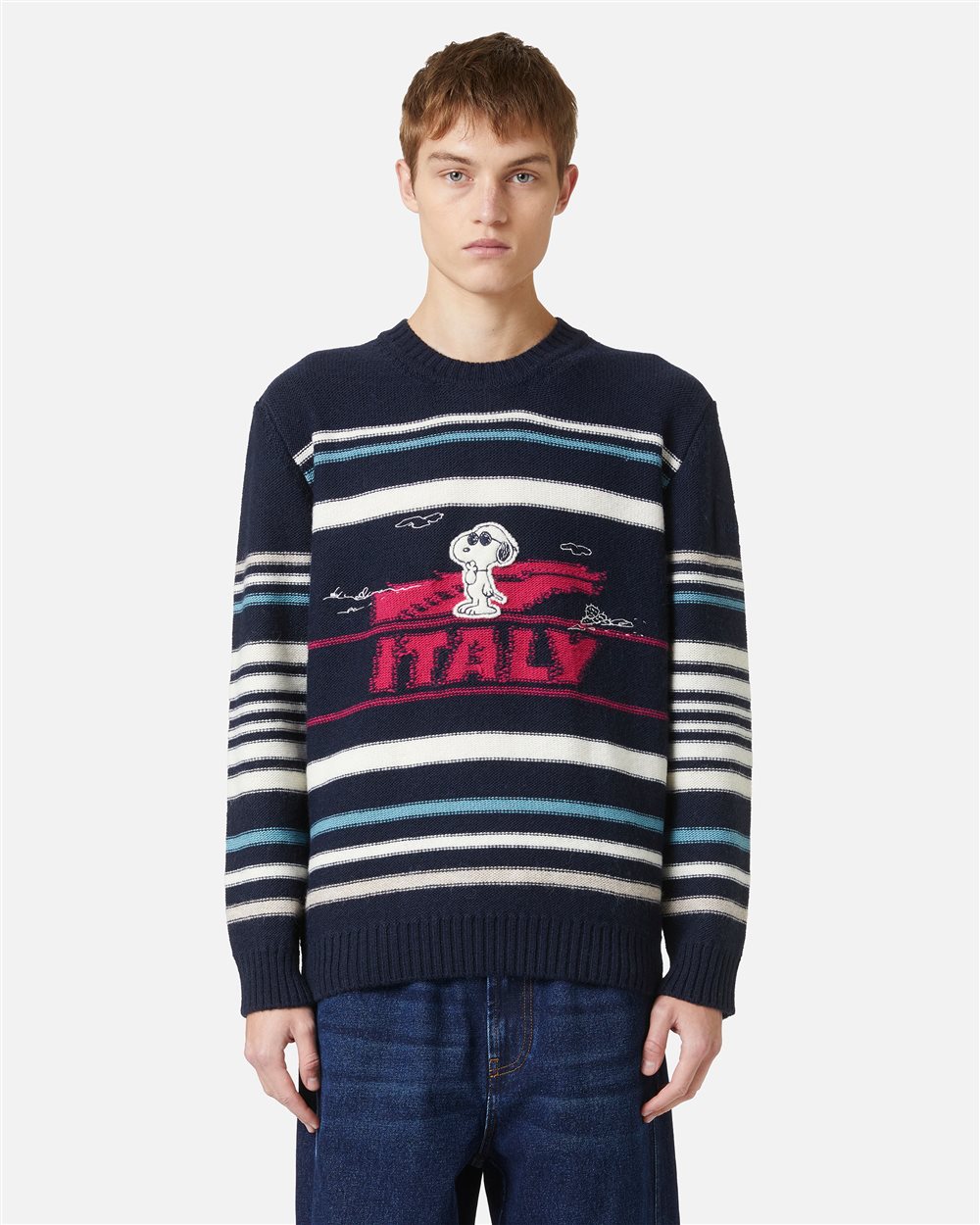 Maglia girocollo blu scuro con righe e Snoopy intarsiato - Maglieria | Iceberg - Official Website