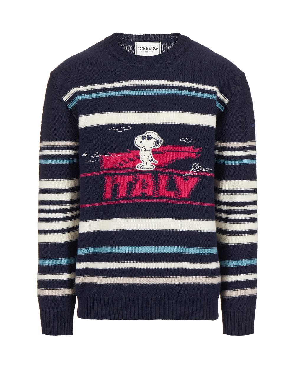 Maglia girocollo blu scuro con righe e Snoopy intarsiato - Maglieria | Iceberg - Official Website