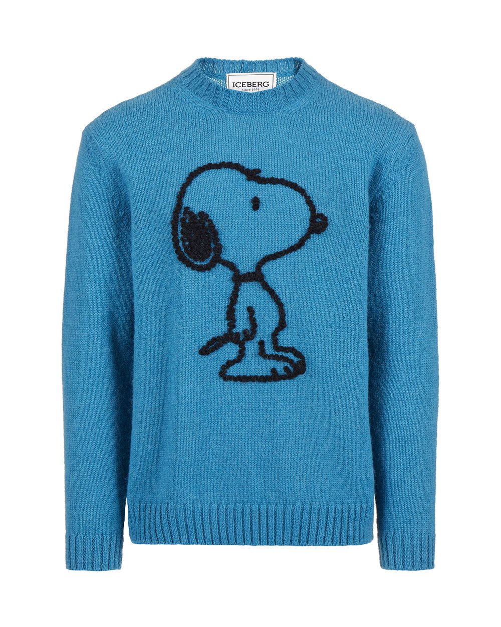 Dunkelblauer Rundhalspullover aus Wolle und Alpaka mit gestickten Details - Strickmode | Iceberg - Official Website