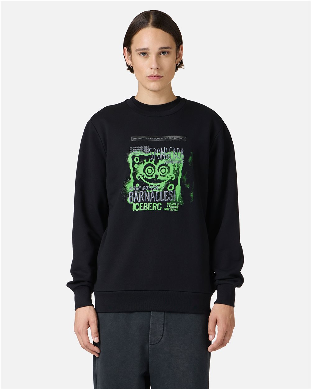 Black slim fit crewneck sweatshirt with SpongeBob prints and embroidery | Iceberg - Official Website