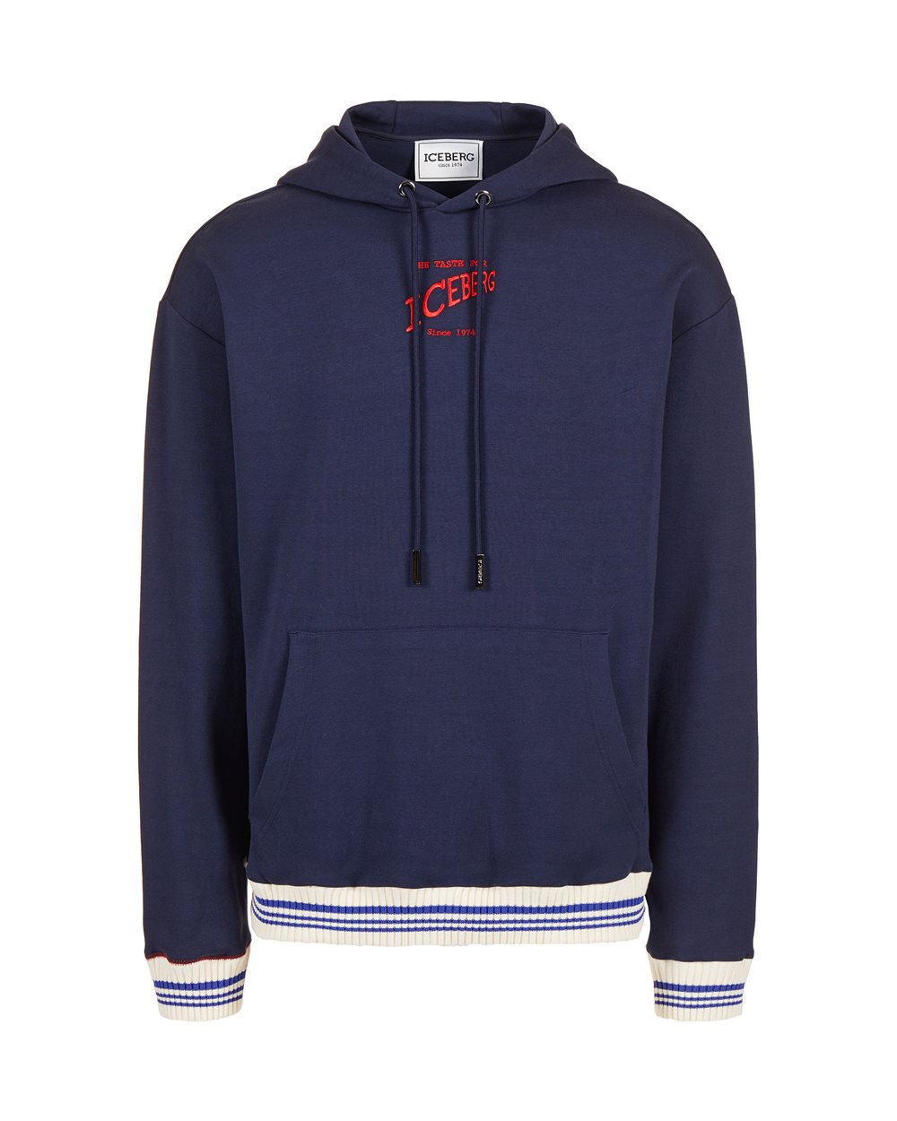 Regular fit hoodie in blue scuba with Iceberg logo embroidery and striped ribs - Man | Iceberg - Official Website