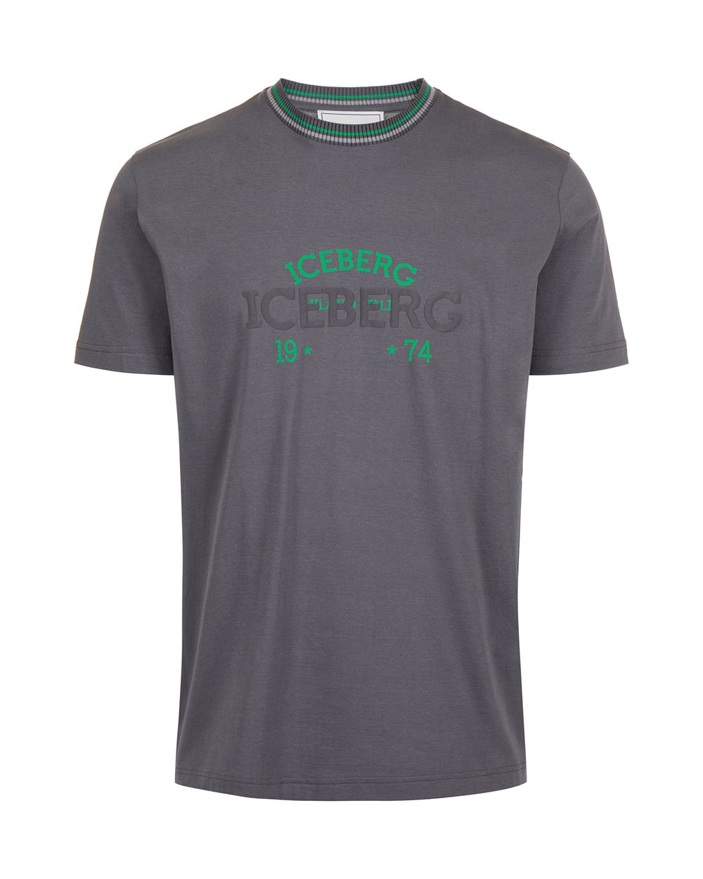 Slim fit dark grey T-shirt with embroidered Iceberg logo and front print - Clothing | Iceberg - Official Website
