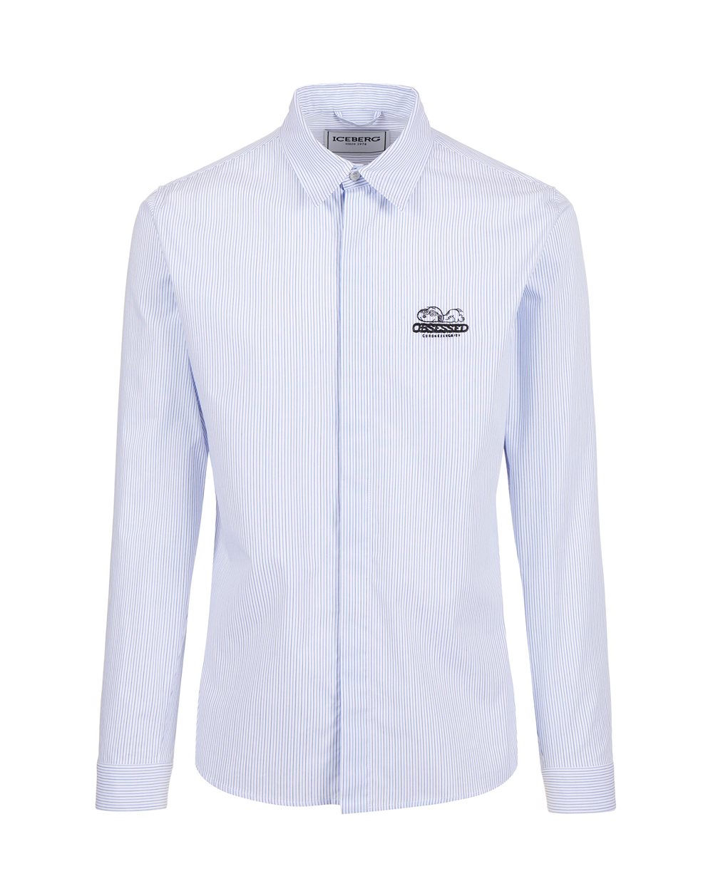 Regular fit white and blue striped poplin shirt with Snoopy embroidery and metallic detail - shirts | Iceberg - Official Website