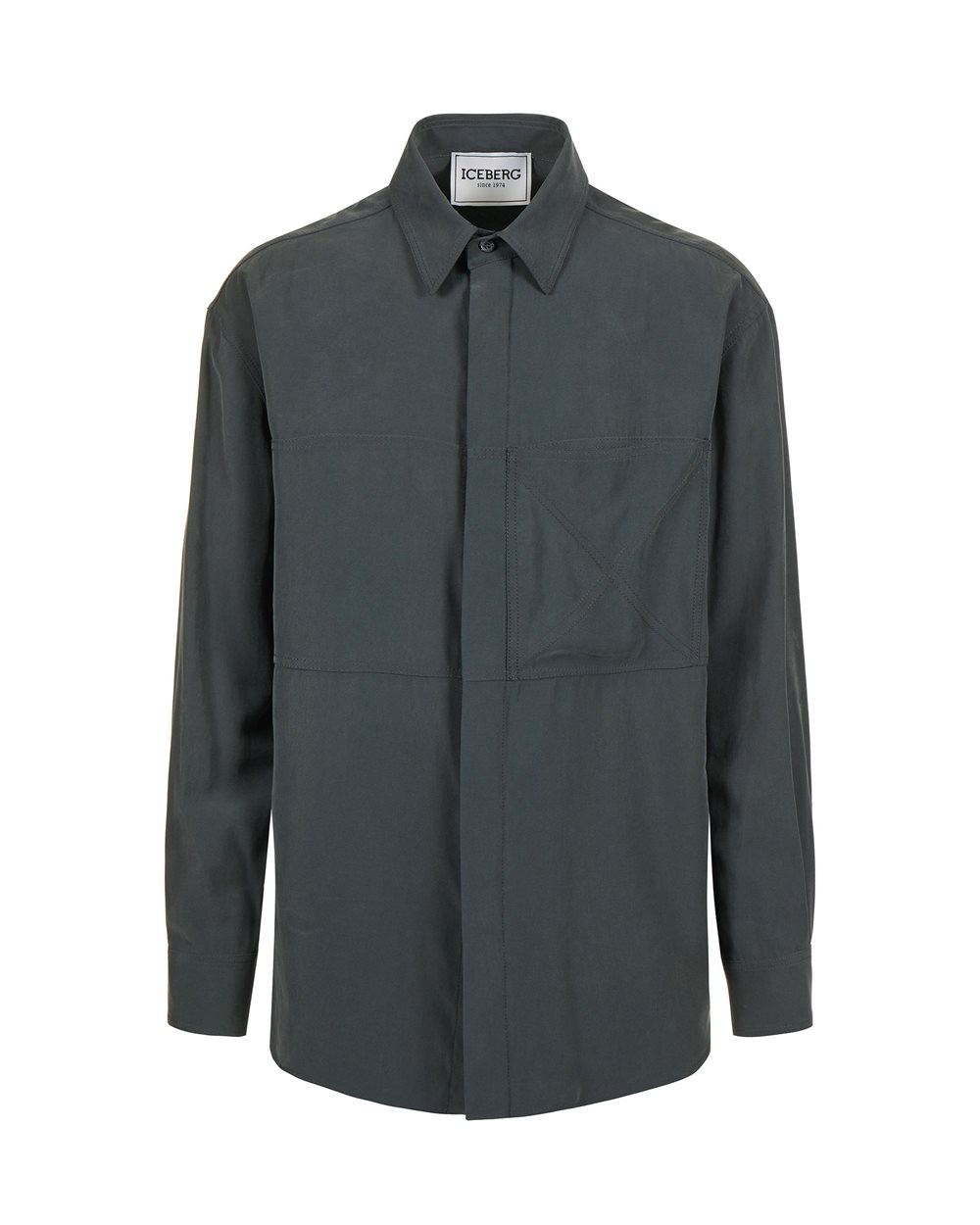Dark grey over-fit shirt in fluid twill with tone-on-tone stitching and metallic detail - shirts | Iceberg - Official Website