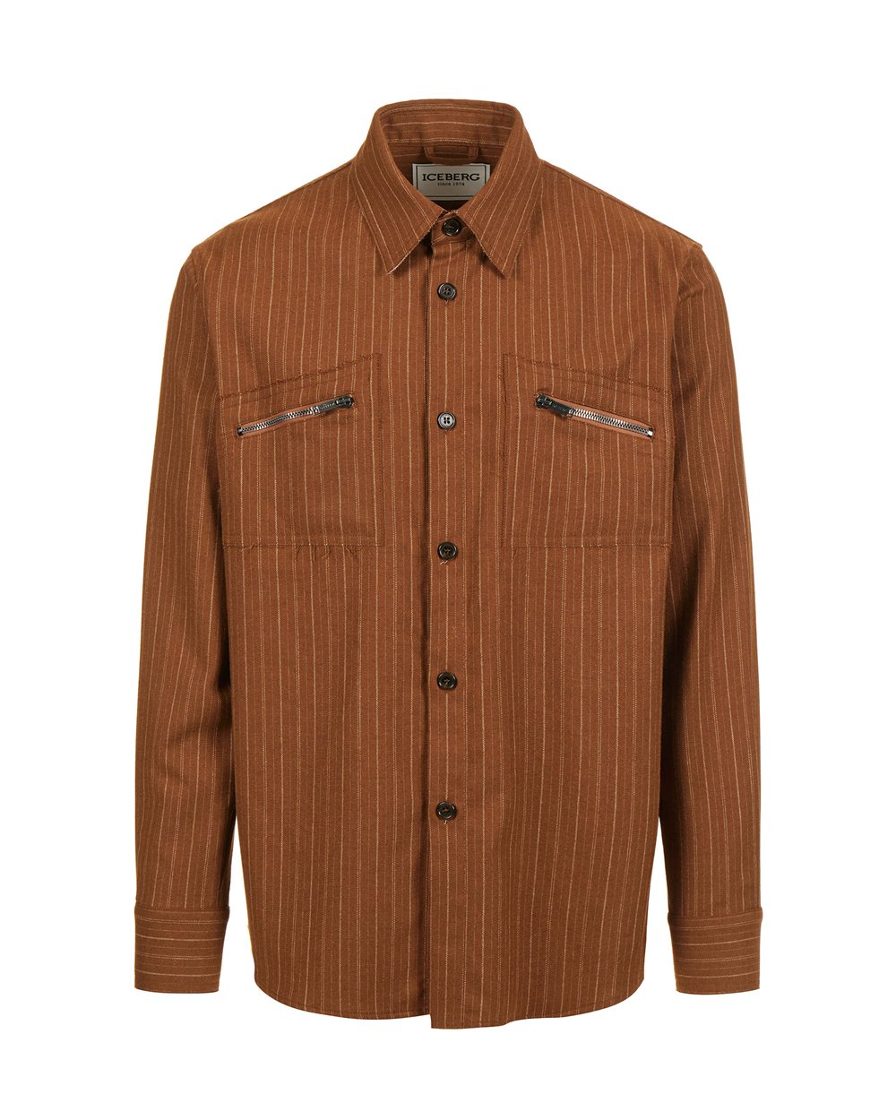 Regular fit hazelnut shirt in cool pinstriped wool with shaped pockets and Iceberg logo zip - shirts | Iceberg - Official Website
