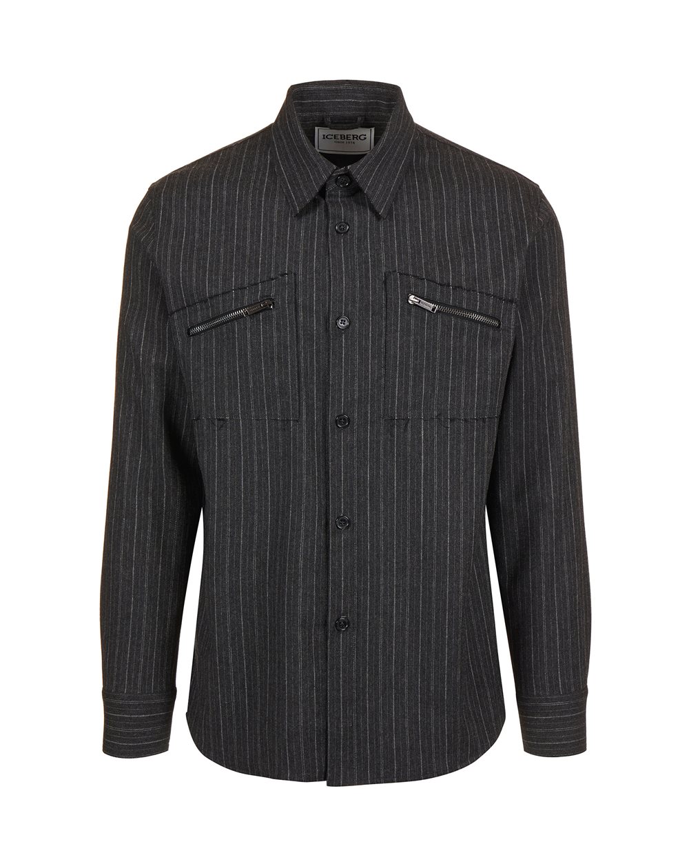 Dark grey regular fit shirt in cool pinstriped wool with shaped pockets and Iceberg logo zip - shirts | Iceberg - Official Website